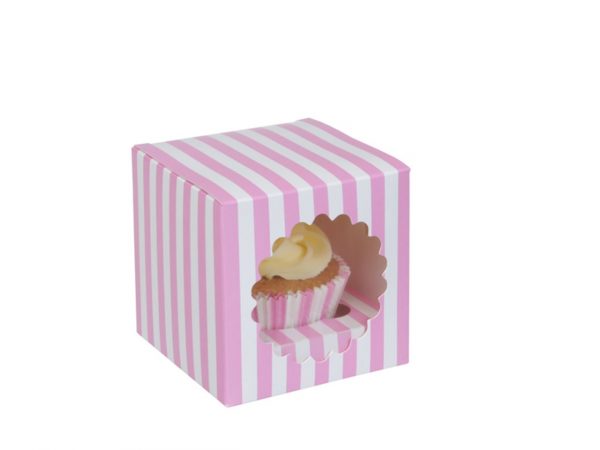 House of Marie Cupcake Box für 1 Cupcake rosa-weiß gestreift, 3 Stück